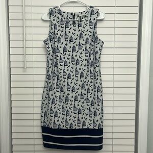 Sleeveless White & Navy Birdcage Print Shift Dress